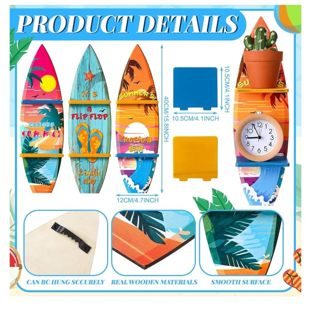 🔥Mini Surfboard Shelves Wooden Wall Hanging Shelves 3 PCs 15.8in X 4.7in- NEW.